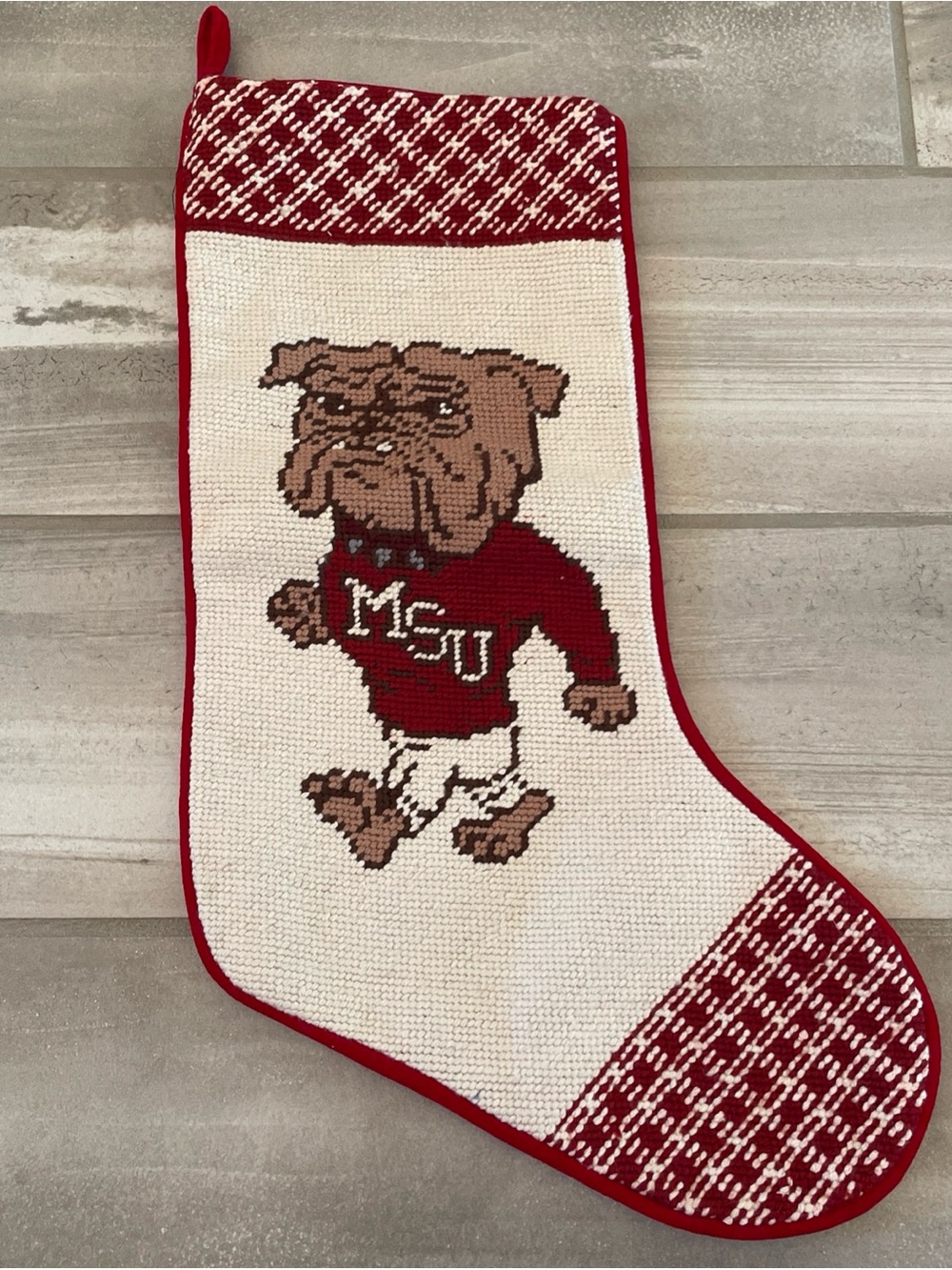 Vintage Mississippi State Bulldogs Needlepoint Christmas Stocking MSU Mascot